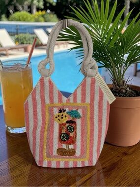Viral Pink & White Striped Beaded Bag with Tropical Drink—NWT
